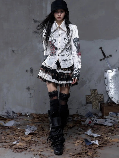 NO ROMANCE Tiered Ruffle Punk Low Rise Frayed Hem Loose Fit Women Citywalk Black Red Skirt