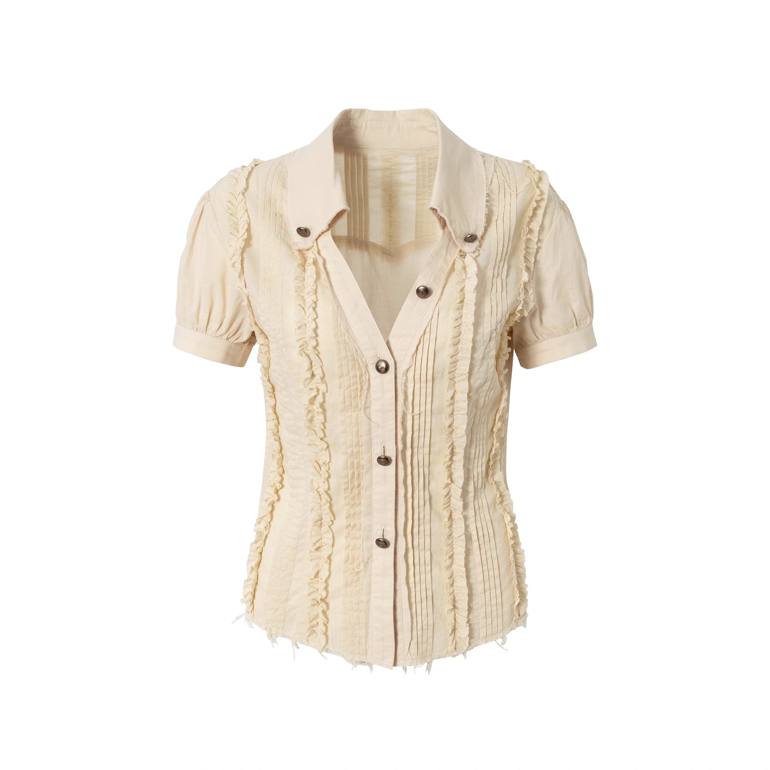 NO_ROMANCE_Uv_Protection_Slim_Fit_V_Neck_Short_Sleeve_Button_Front_Womens_Cotton_Shirt_MISSTT