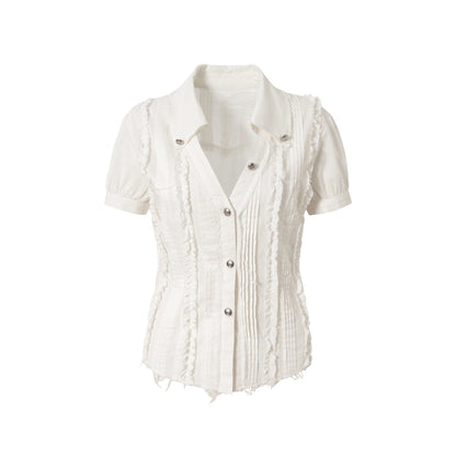 NO_ROMANCE_Uv_Protection_Slim_Fit_V_Neck_Short_Sleeve_Button_Front_Womens_Cotton_Shirt_MISSTT