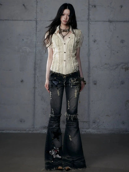 NO ROMANCE Uv Protection Slim Fit V Neck Short Sleeve Button Front Womens Cotton Shirt