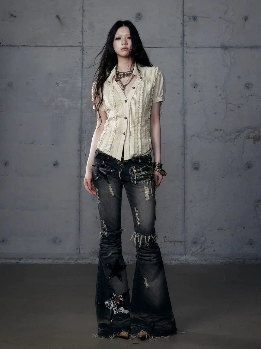 NO ROMANCE Uv Protection Slim Fit V Neck Short Sleeve Button Front Womens Cotton Shirt