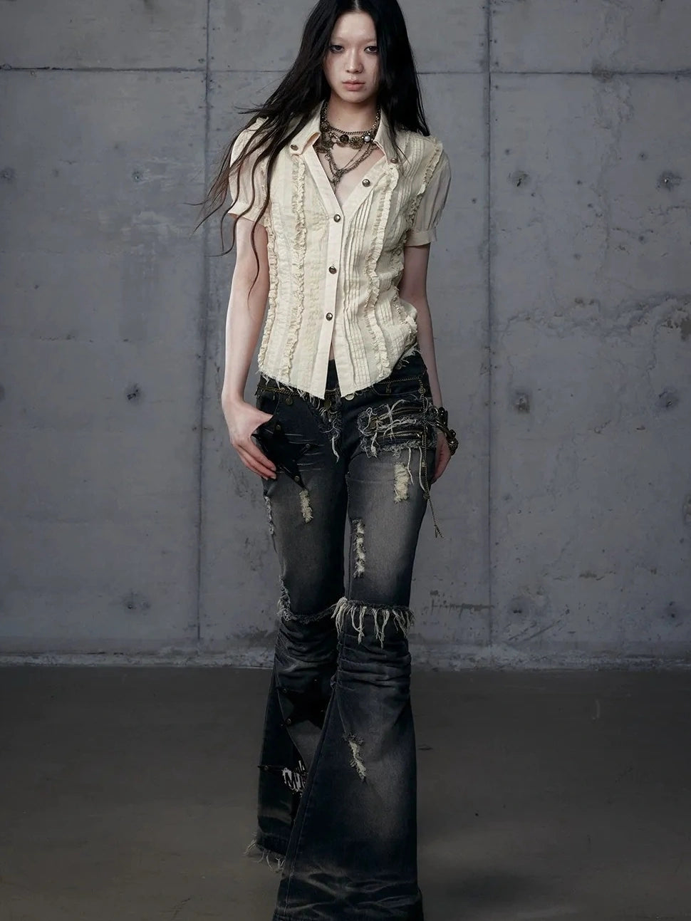 NO ROMANCE Uv Protection Slim Fit V Neck Short Sleeve Button Front Womens Cotton Shirt