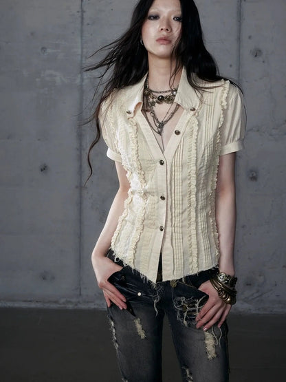 NO ROMANCE Uv Protection Slim Fit V Neck Short Sleeve Button Front Womens Cotton Shirt