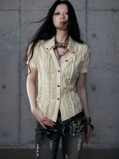 NO ROMANCE Uv Protection Slim Fit V Neck Short Sleeve Button Front Womens Cotton Shirt