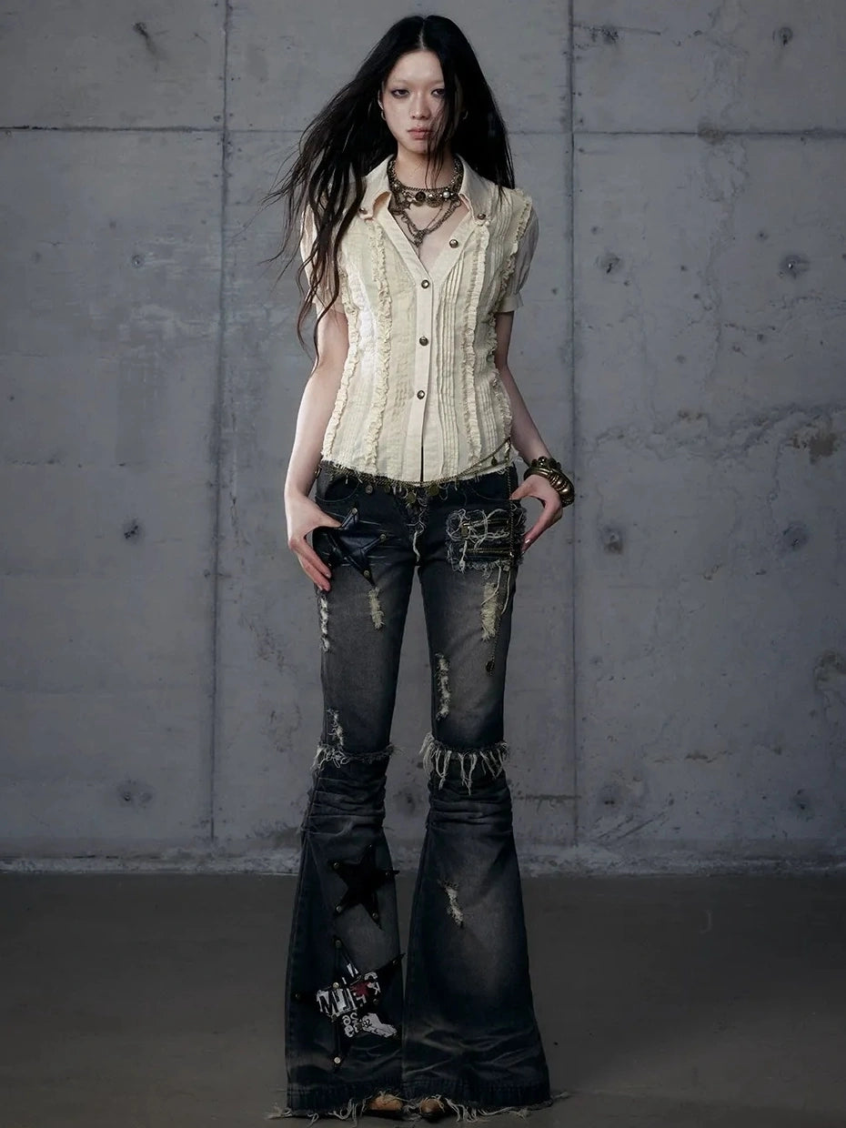 NO ROMANCE Uv Protection Slim Fit V Neck Short Sleeve Button Front Womens Cotton Shirt