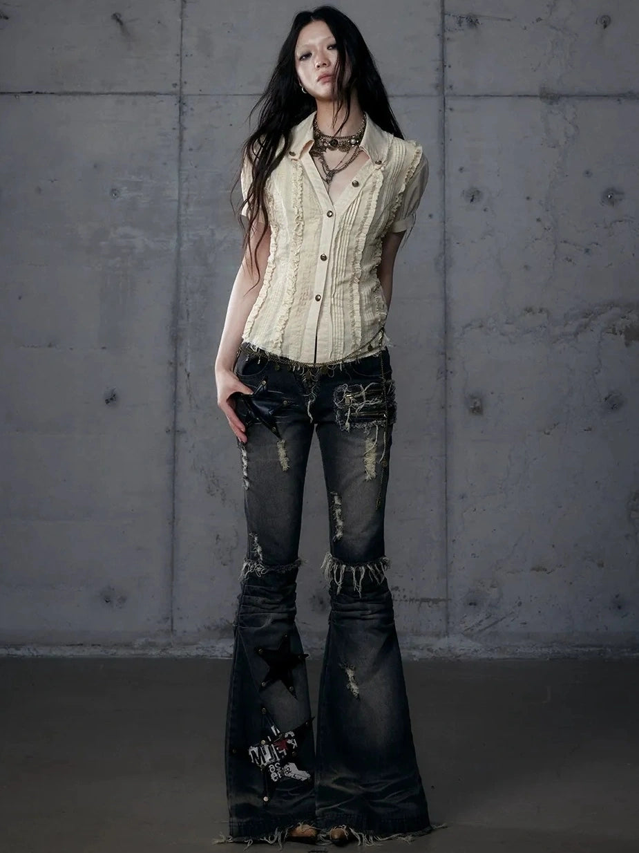 NO ROMANCE Uv Protection Slim Fit V Neck Short Sleeve Button Front Womens Cotton Shirt