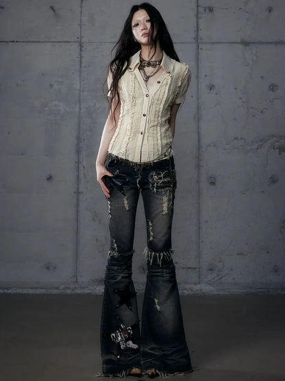 NO ROMANCE Uv Protection Slim Fit V Neck Short Sleeve Button Front Womens Cotton Shirt