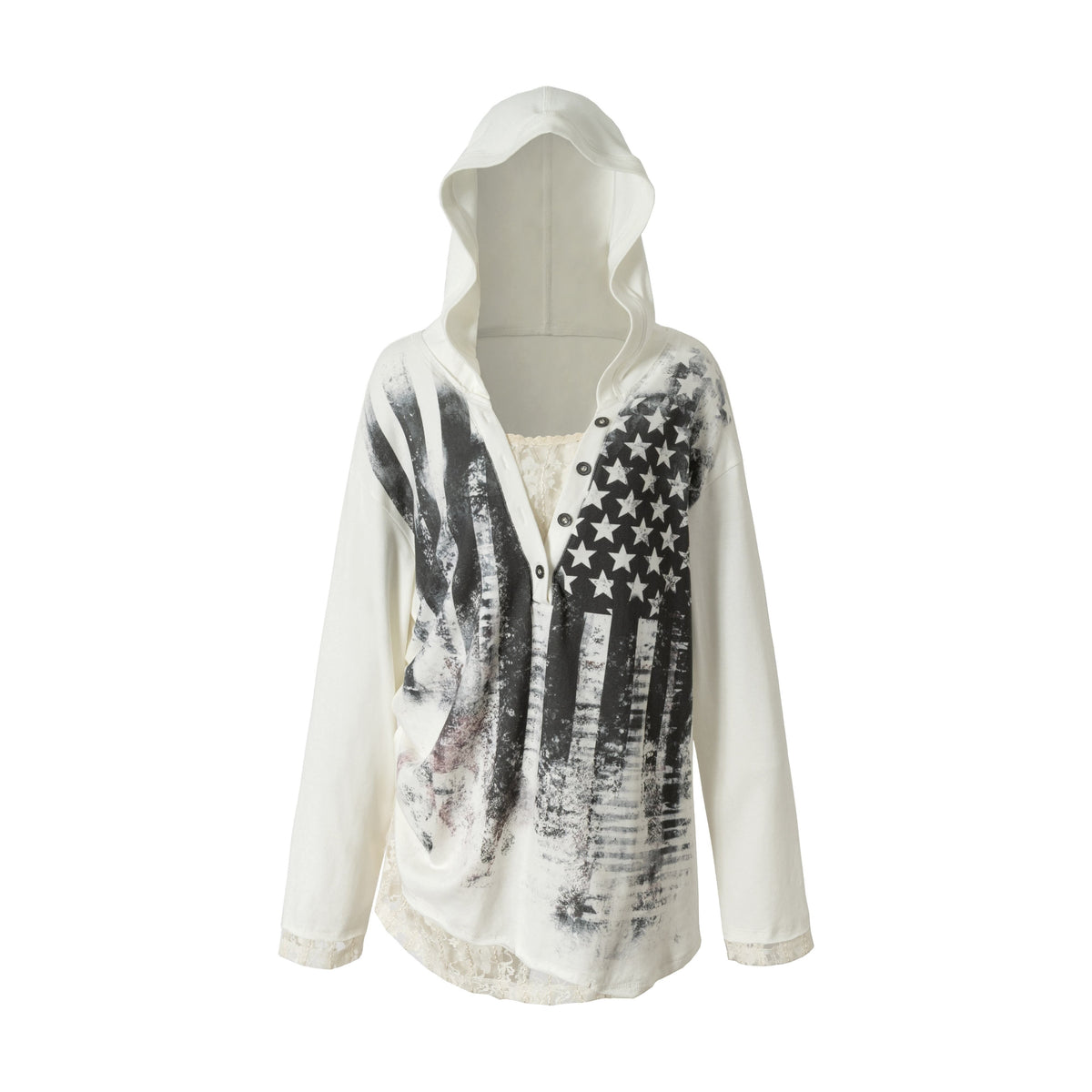 NO_ROMANCE_V-neck_Print_Lace_Panel_Loose_Fit_Women&