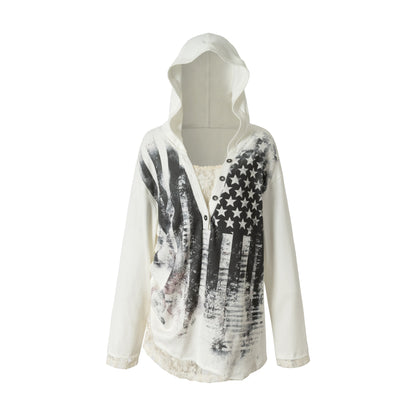 NO_ROMANCE_V-neck_Print_Lace_Panel_Loose_Fit_Women&
