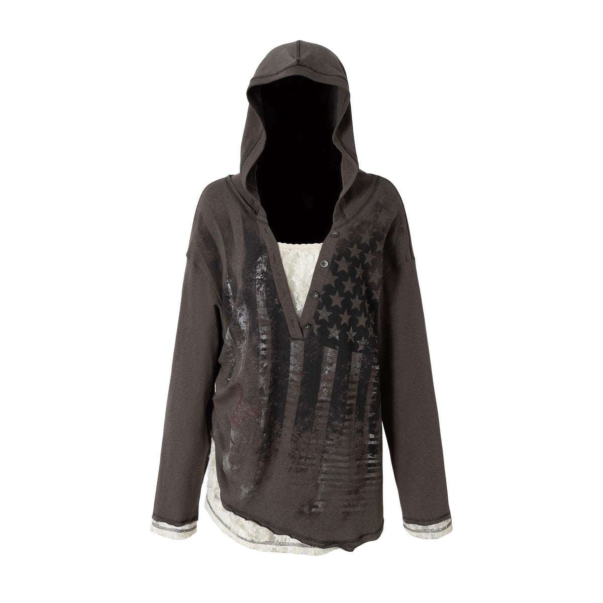 NO_ROMANCE_V-neck_Print_Lace_Panel_Loose_Fit_Women&