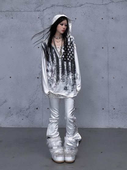 NO ROMANCE V-neck Print Lace Panel Loose Fit Women&
