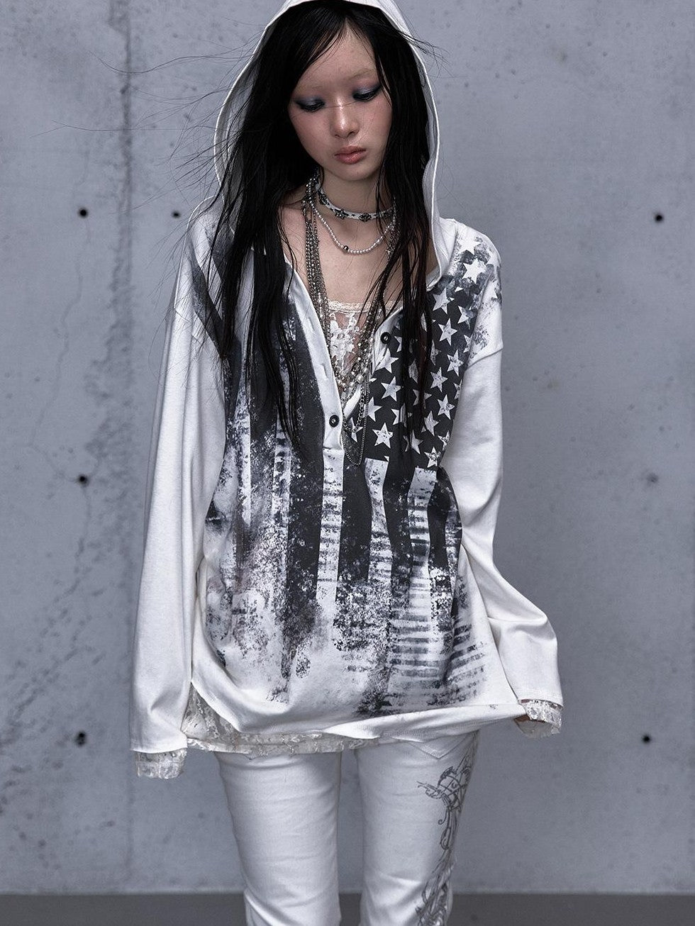 NO ROMANCE V-neck Print Lace Panel Loose Fit Women&