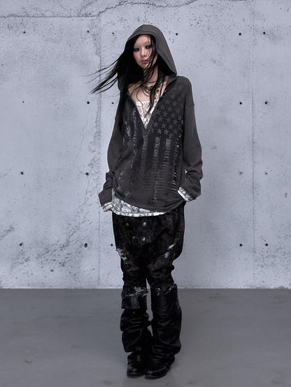 NO ROMANCE V-neck Print Lace Panel Loose Fit Women&