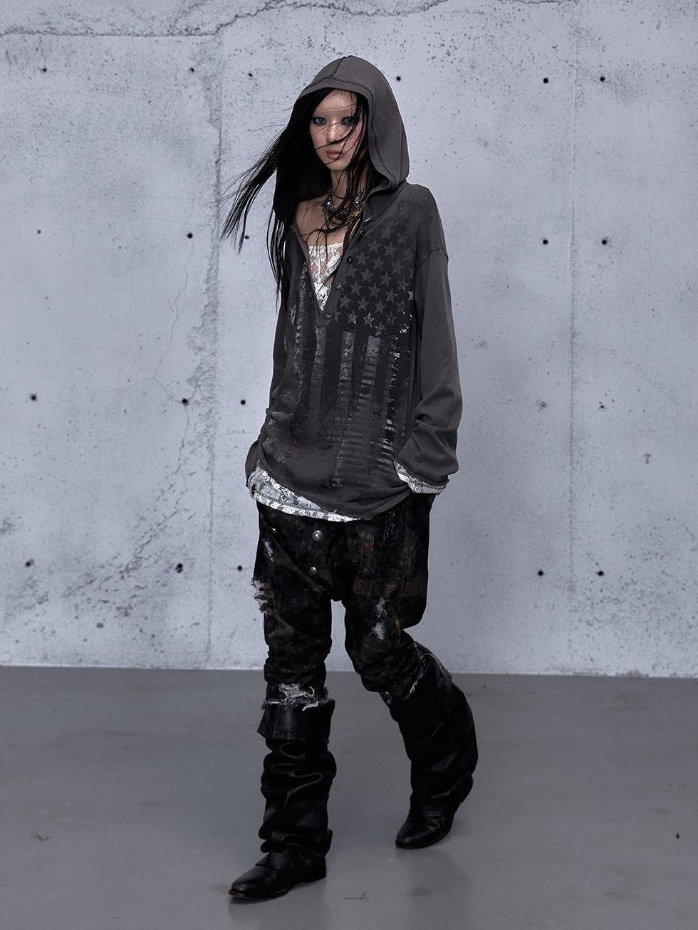 NO ROMANCE V-neck Print Lace Panel Loose Fit Women&