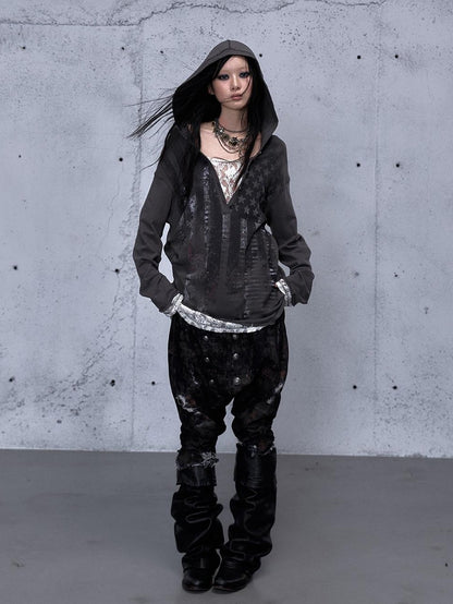 NO ROMANCE V-neck Print Lace Panel Loose Fit Women&