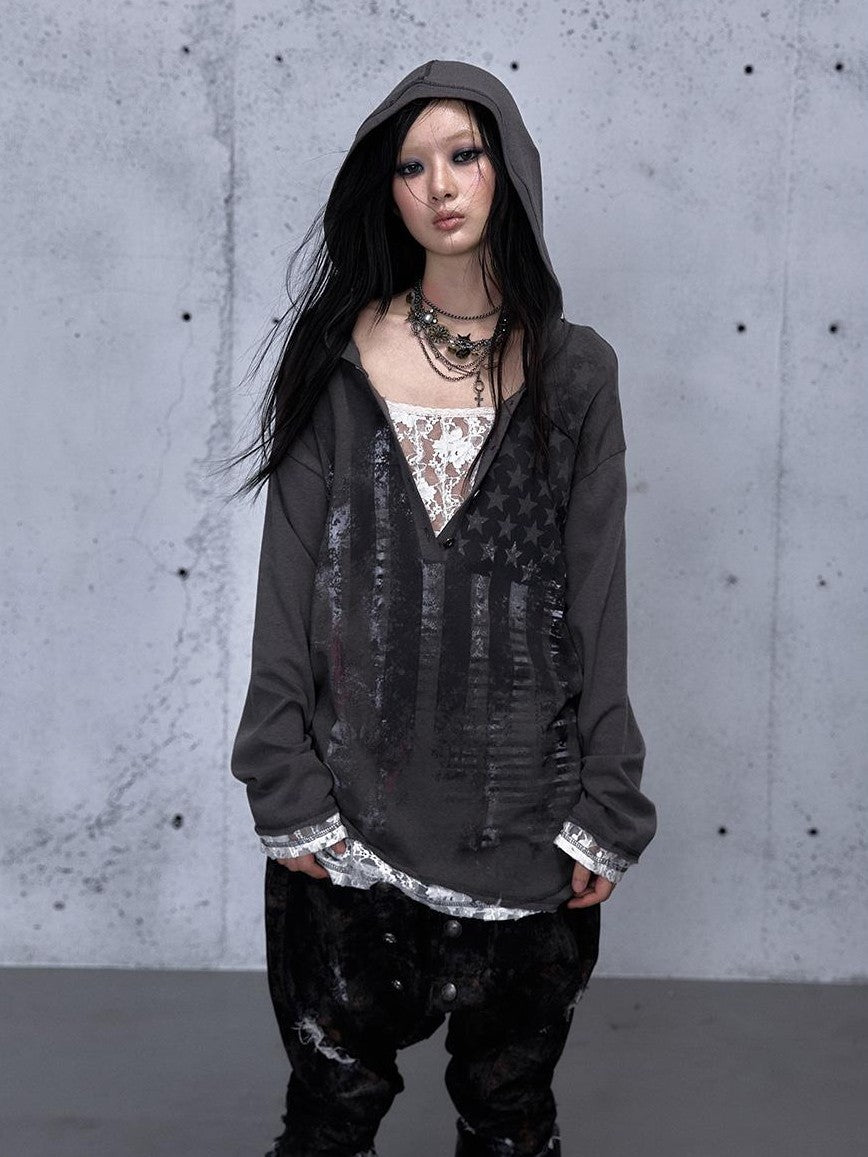 NO ROMANCE V-neck Print Lace Panel Loose Fit Women&