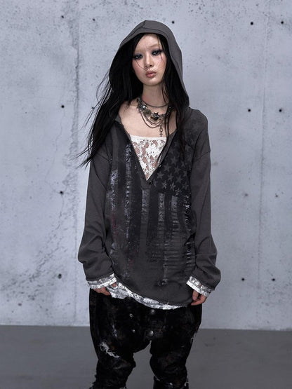 NO ROMANCE V-neck Print Lace Panel Loose Fit Women&