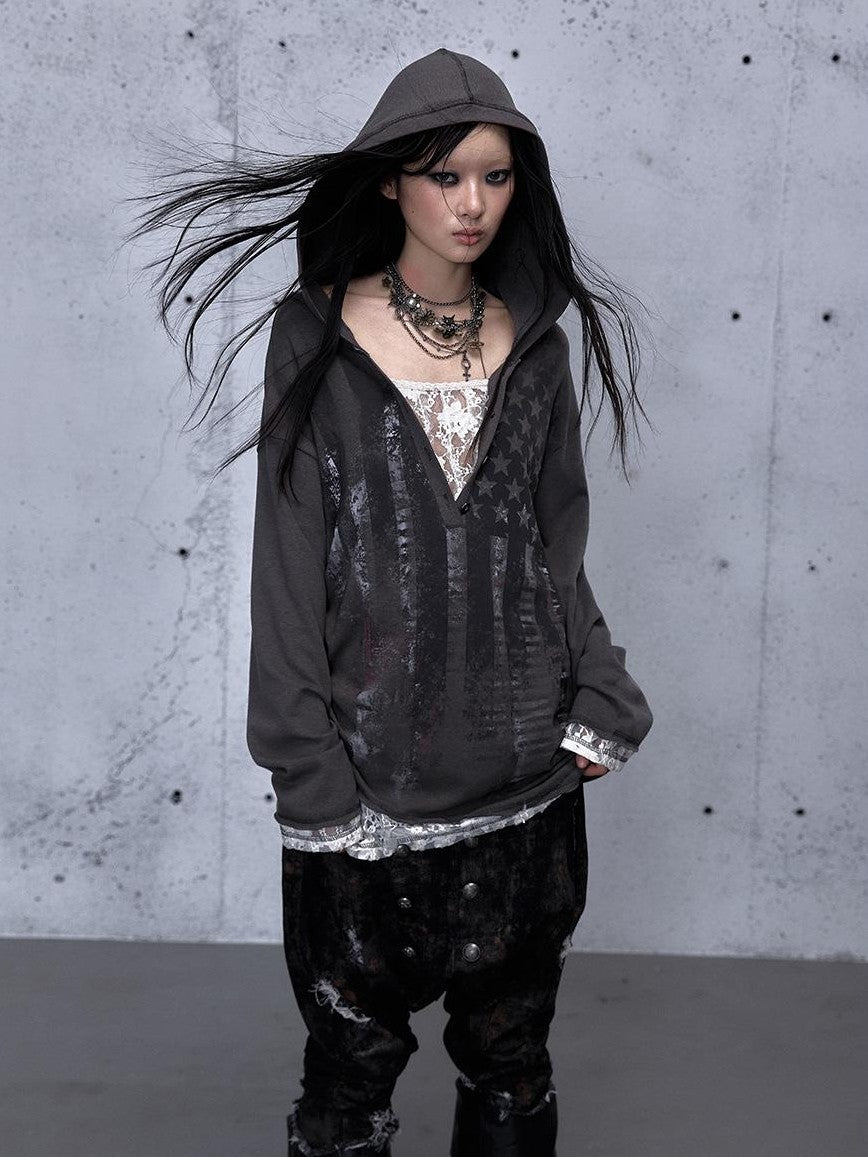 NO ROMANCE V-neck Print Lace Panel Loose Fit Women&