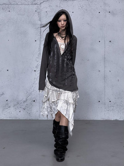 NO ROMANCE V-neck Print Lace Panel Loose Fit Women&