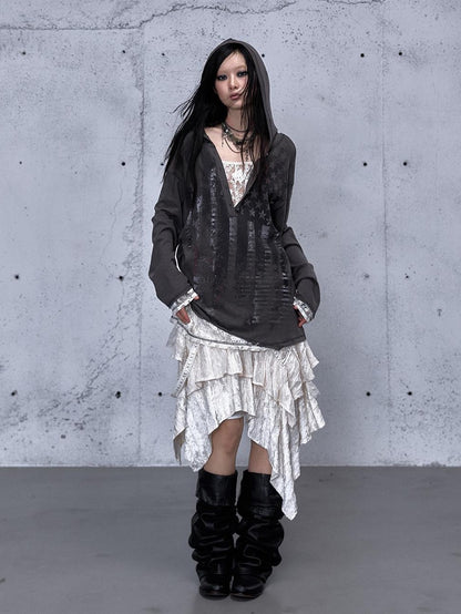 NO ROMANCE V-neck Print Lace Panel Loose Fit Women&