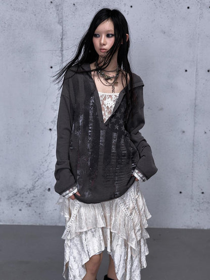 NO ROMANCE V-neck Print Lace Panel Loose Fit Women&