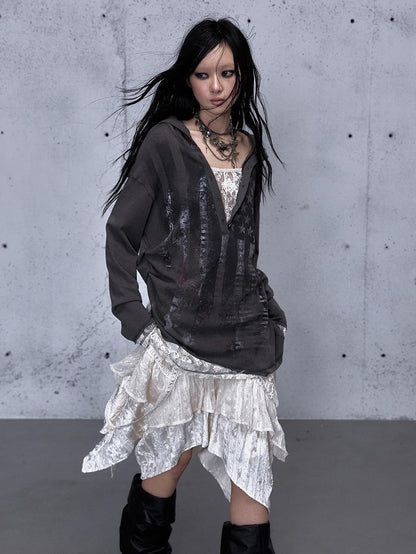 NO ROMANCE V-neck Print Lace Panel Loose Fit Women&