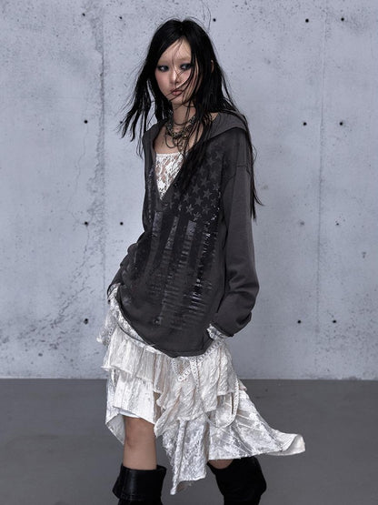 NO ROMANCE V-neck Print Lace Panel Loose Fit Women&