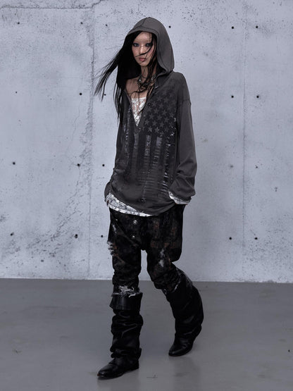 NO ROMANCE V-neck Print Lace Panel Loose Fit Women&