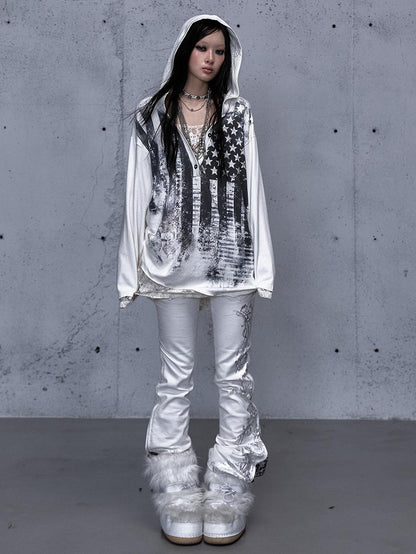 NO ROMANCE V-neck Print Lace Panel Loose Fit Women&