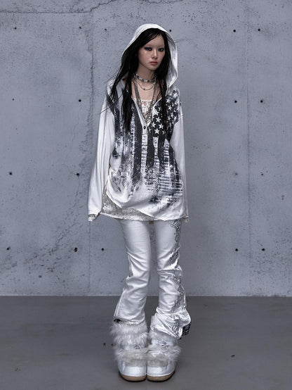NO ROMANCE V-neck Print Lace Panel Loose Fit Women&