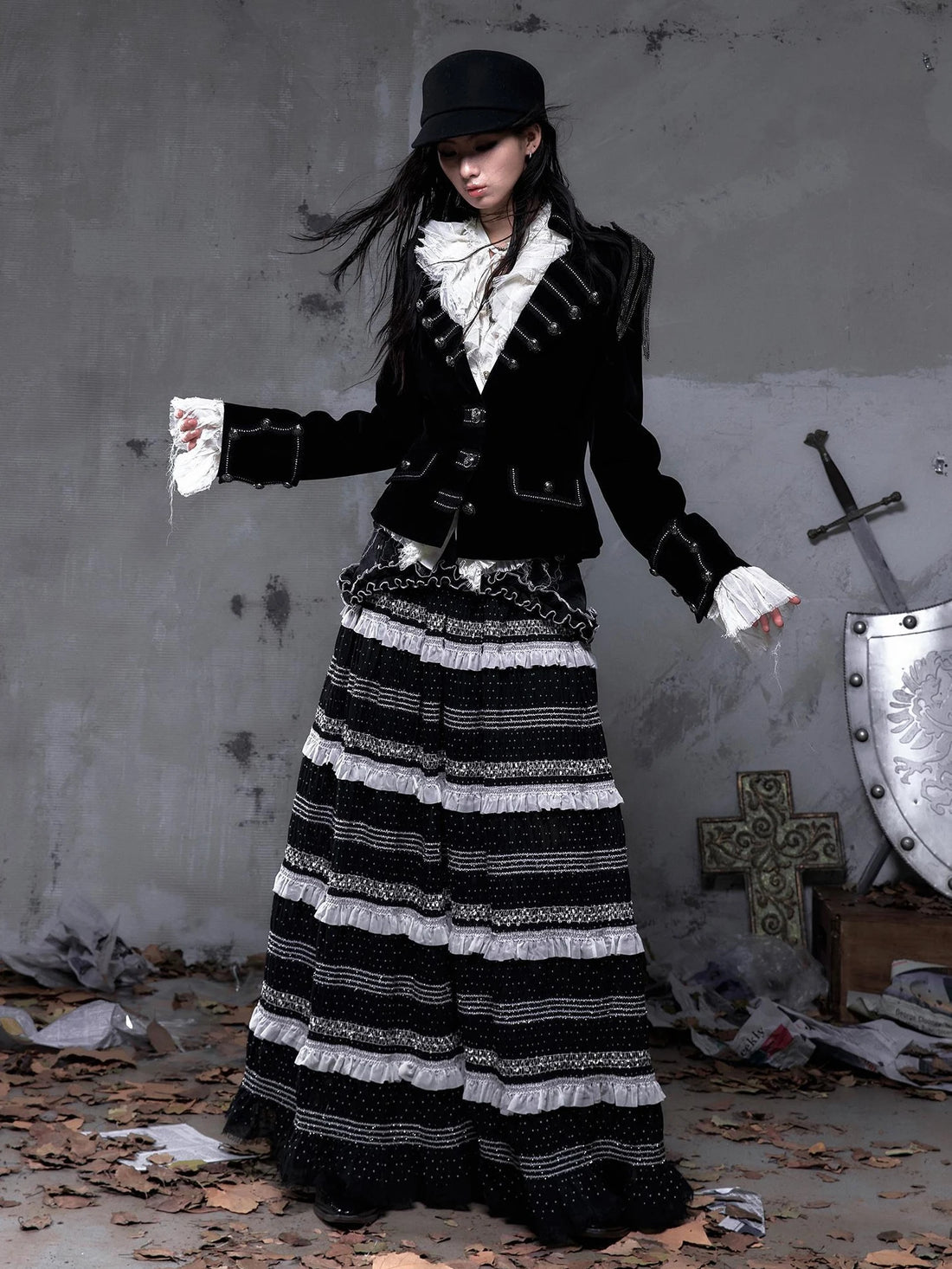 NO ROMANCE Victorian High Waist A Line Lace Trim Patchwork Faux Leather Black Women Skirt