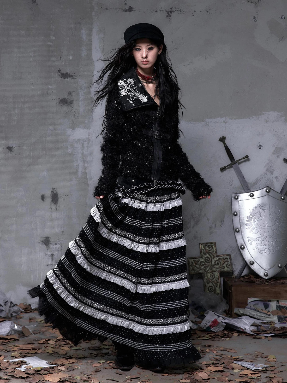 NO ROMANCE Victorian High Waist A Line Lace Trim Patchwork Faux Leather Black Women Skirt