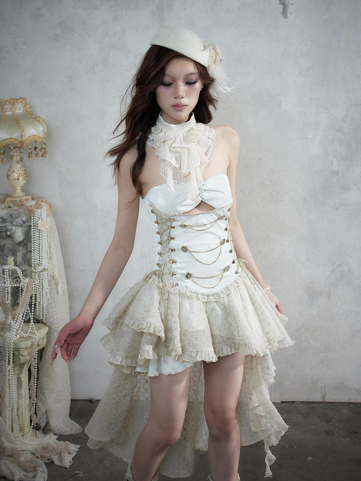 NO ROMANCE Victorian Lace Pu Asymmetric Strapless Women&