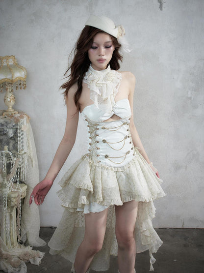 NO ROMANCE Victorian Lace Pu Asymmetric Strapless Women&