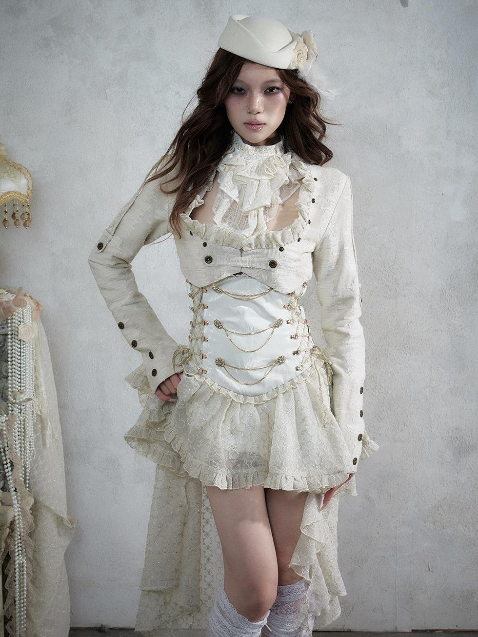 NO ROMANCE Victorian Lace Pu Asymmetric Strapless Women&