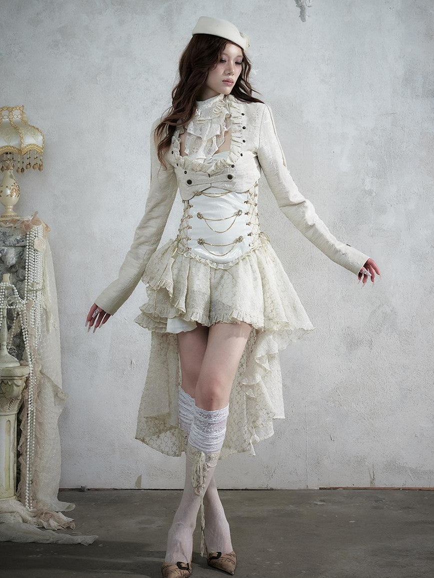 NO ROMANCE Victorian Lace Pu Asymmetric Strapless Women&