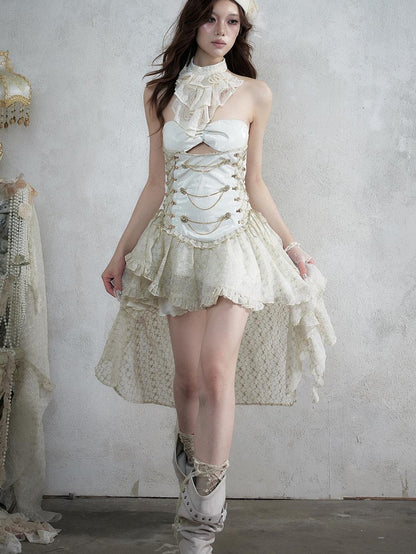 NO ROMANCE Victorian Lace Pu Asymmetric Strapless Women&