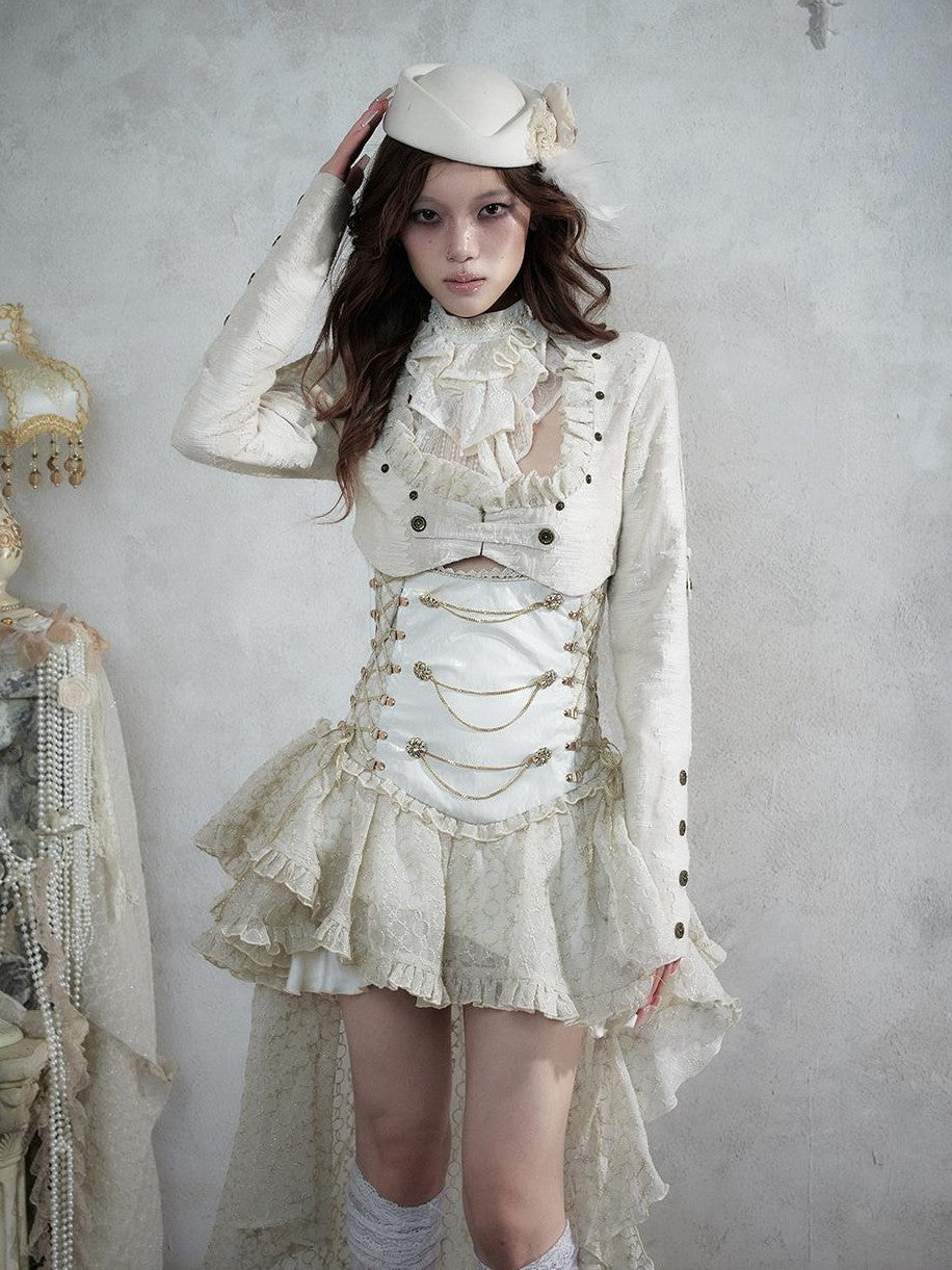 NO ROMANCE Victorian Lace Pu Asymmetric Strapless Women&
