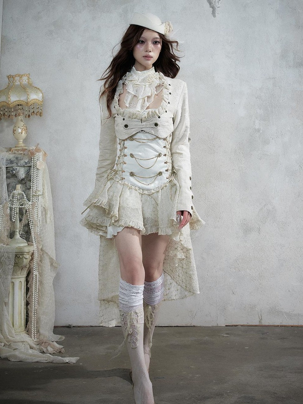 NO ROMANCE Victorian Lace Pu Asymmetric Strapless Women&