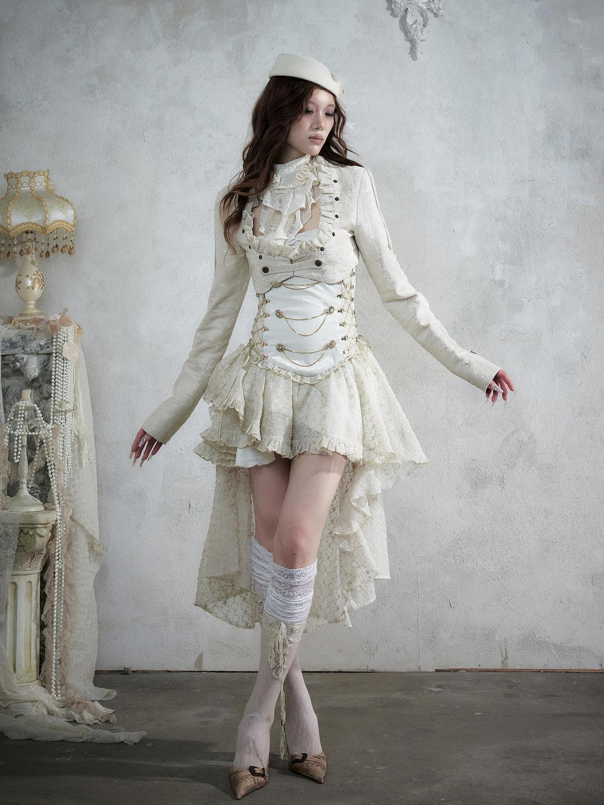 NO ROMANCE Victorian Lace Pu Asymmetric Strapless Women&