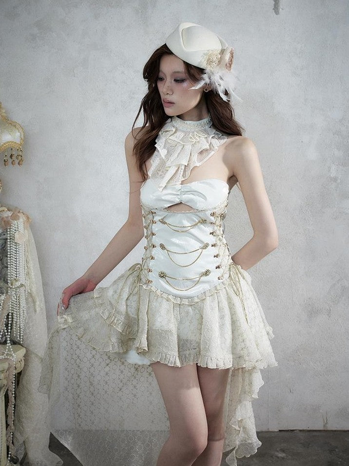 NO ROMANCE Victorian Lace Pu Asymmetric Strapless Women&
