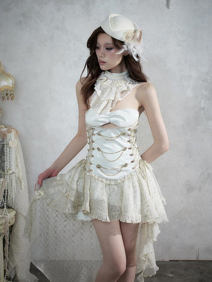 NO ROMANCE Victorian Lace Pu Asymmetric Strapless Women&