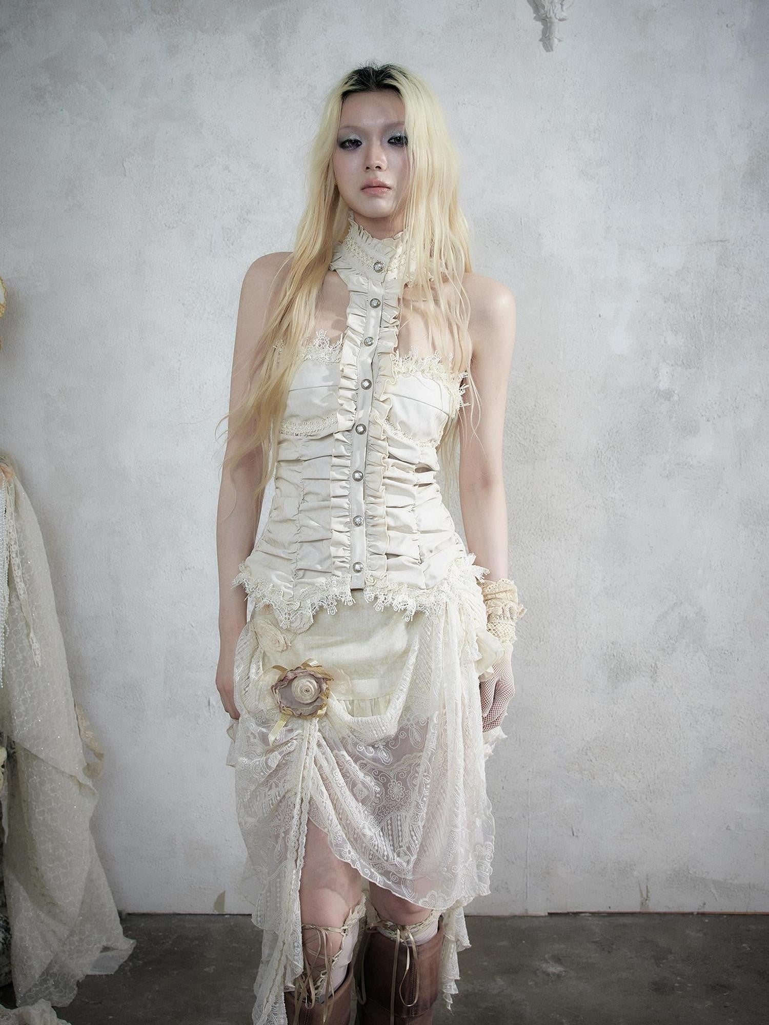 NO ROMANCE Vintage Baroque Lace Panel Ruched Velvet Bustier Women&