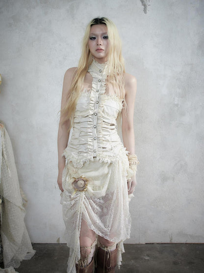 NO ROMANCE Vintage Baroque Lace Panel Ruched Velvet Bustier Women&
