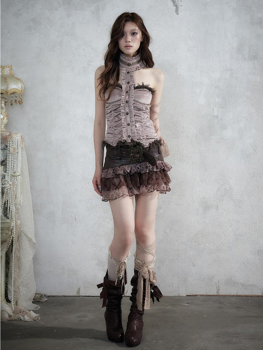NO ROMANCE Vintage Baroque Lace Panel Ruched Velvet Bustier Women&