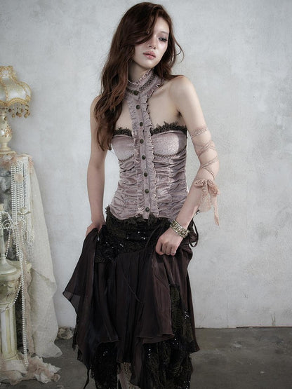 NO ROMANCE Vintage Baroque Lace Panel Ruched Velvet Bustier Women&