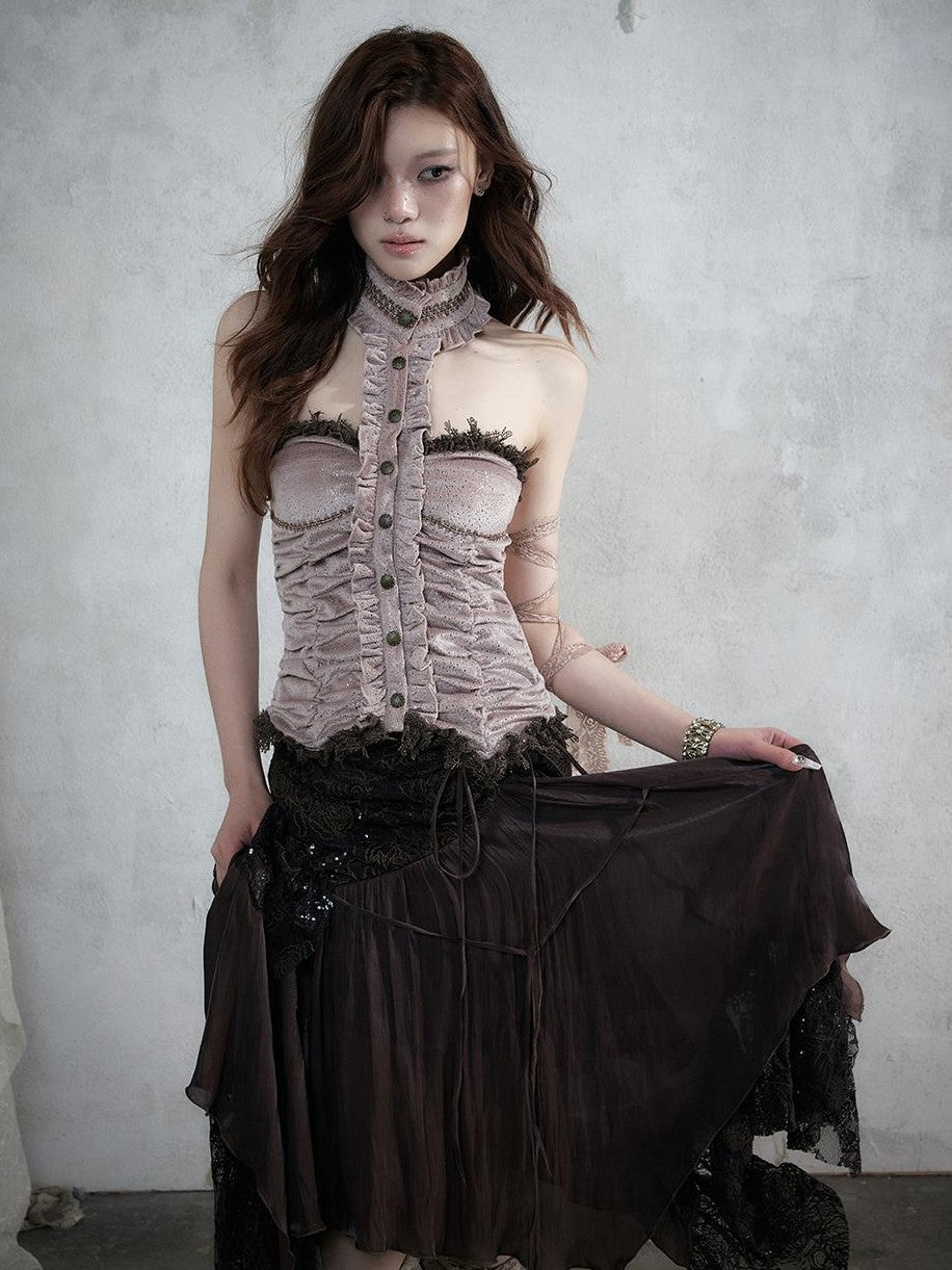 NO ROMANCE Vintage Baroque Lace Panel Ruched Velvet Bustier Women&