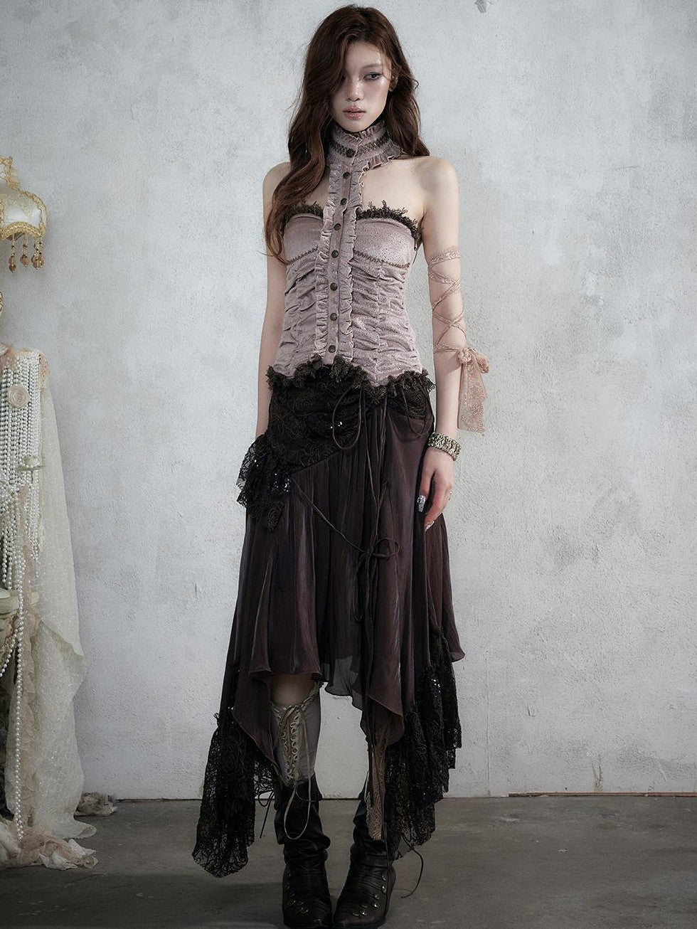 NO ROMANCE Vintage Baroque Lace Panel Ruched Velvet Bustier Women&
