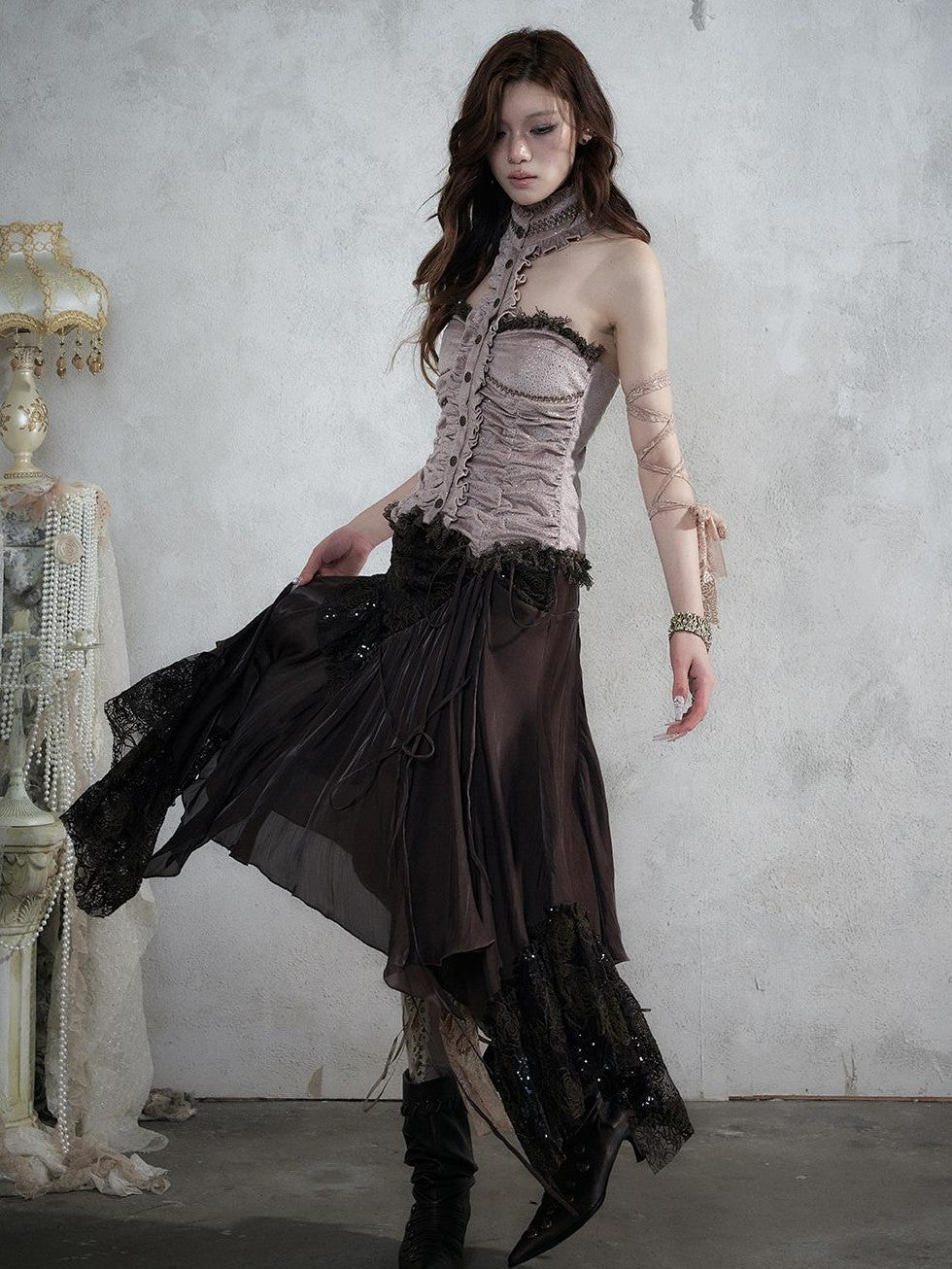 NO ROMANCE Vintage Baroque Lace Panel Ruched Velvet Bustier Women&