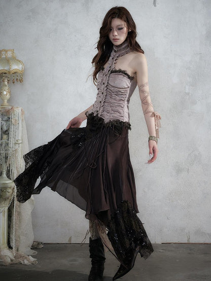 NO ROMANCE Vintage Baroque Lace Panel Ruched Velvet Bustier Women&